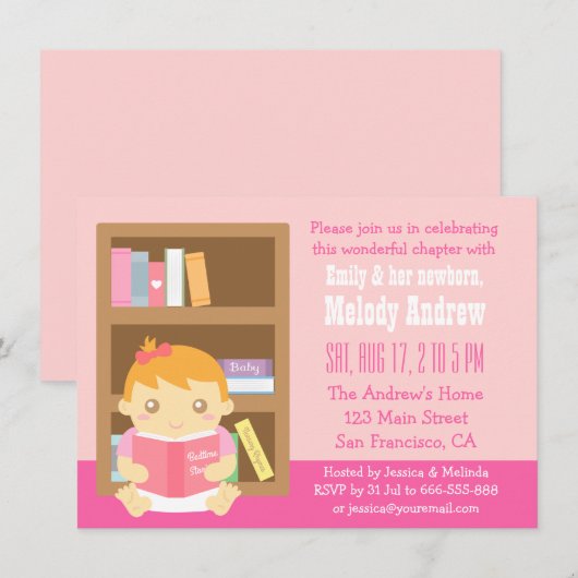 Kute Book Thleed, Baby Girl Shower Invitation Kaart (Voorkant / Achterkant)