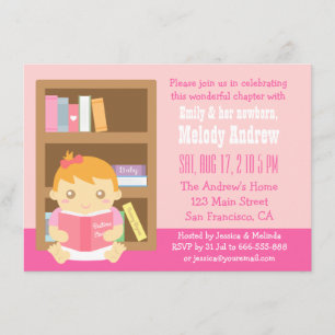 Kute Book Thleed, Baby Girl Shower Invitation Kaart
