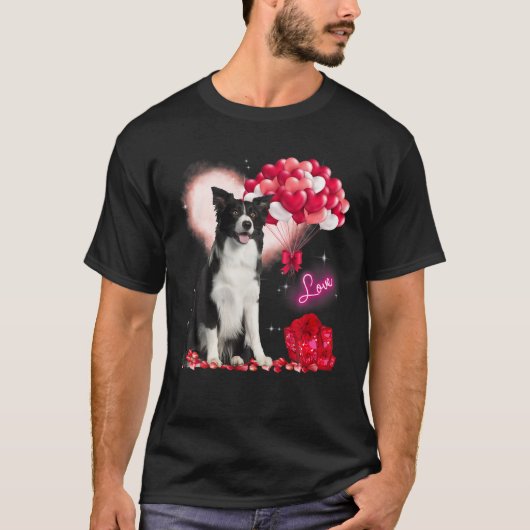 Kute Border Collie Balloon Heart Valentijnsdag V T-shirt (Voorkant)