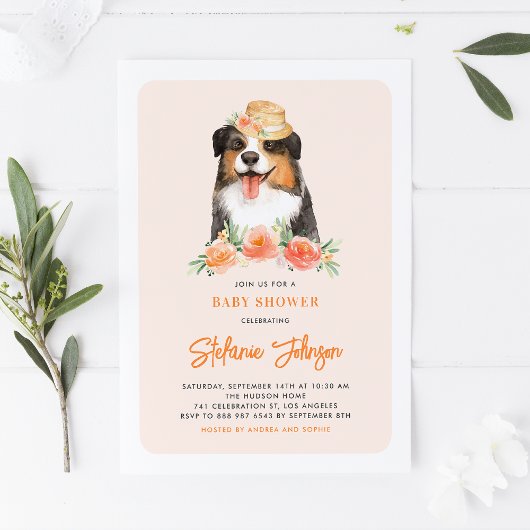 Kute Border Collie Peach Floral Baby shower Kaart