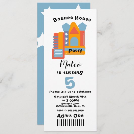 Kute Bounce House Birthday Ticket Style Kaart (Voorkant / Achterkant)