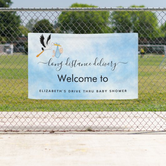 Kute boy blue stork drive door baby shower spandoek (Insitu)