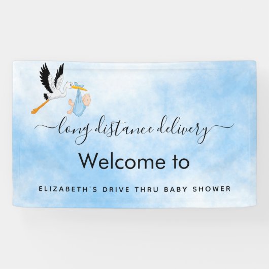 Kute boy blue stork drive door baby shower spandoek (Horizontaal)