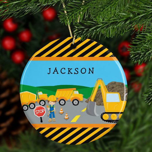Kute Boy Construction Vehicle Kinder Kerstmis Keramisch Ornament