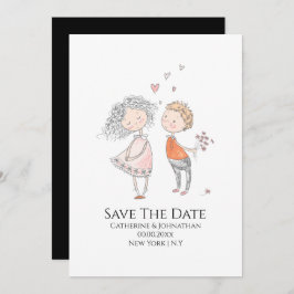Kute boy meisje die uit liefde tekent, leuk, casua save the date