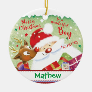 Kute Boy, Santa, Deer & Cadeaus, Kerstmis Keramisch Ornament