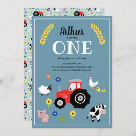 Kute boys Farm Animals & Red Tractor 1st Birthday Kaart