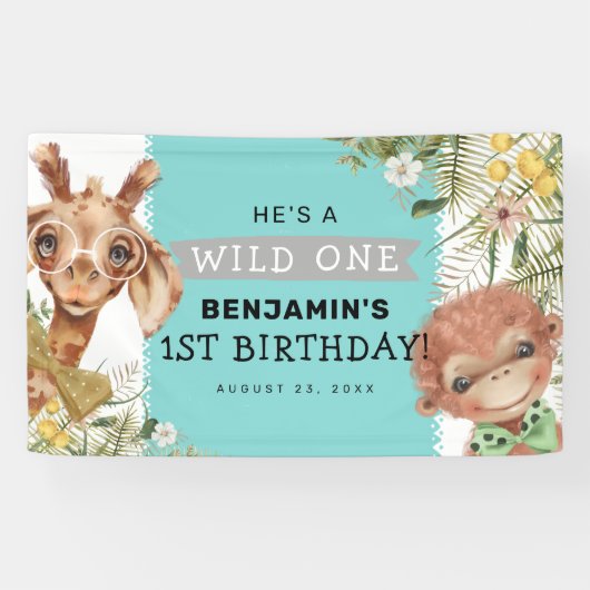 Kute Boys Wild One Oerwoud Birthday Party Banner (Horizontaal)