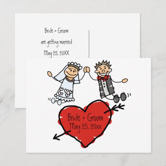 Kute Bride Groom Persoonlijk hart sparen de data Aankondigingskaart (Voorkant / Achterkant)