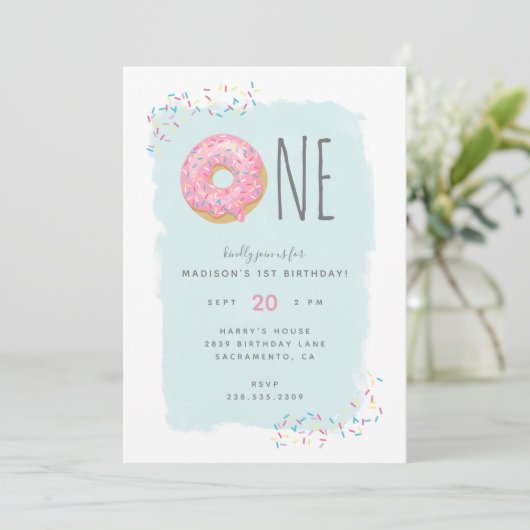 Kute Bright roze Doughnut Sprinkle 1ste verjaardag Kaart (Staand voorkant)