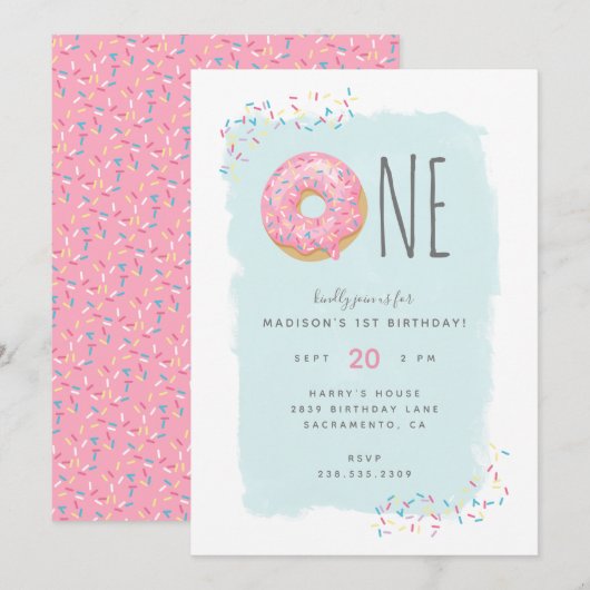 Kute Bright roze Doughnut Sprinkle 1ste verjaardag Kaart (Voorkant / Achterkant)