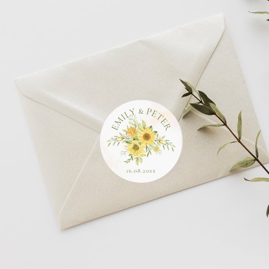 Kute Bright Yellow Sunflower Floral Wedding Ronde Sticker