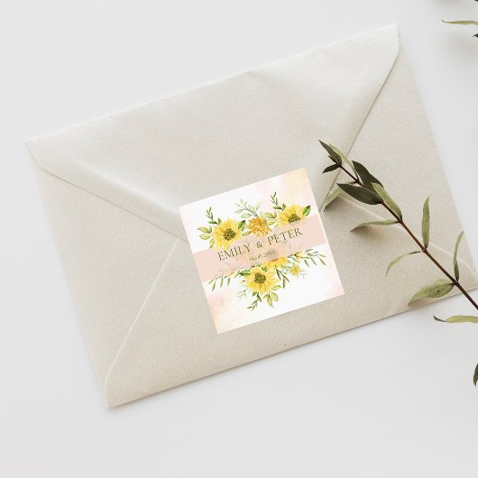 Kute Bright Yellow Sunflower Floral Wedding Vierkante Sticker