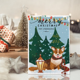 Kute Brown CORGI kerstlampjes minimalistisch vuurt Feestdagenkaart