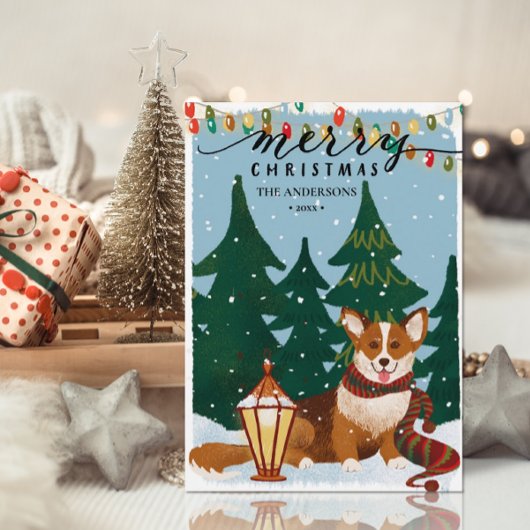 Kute Brown CORGI kerstlampjes minimalistisch vuurt Feestdagenkaart