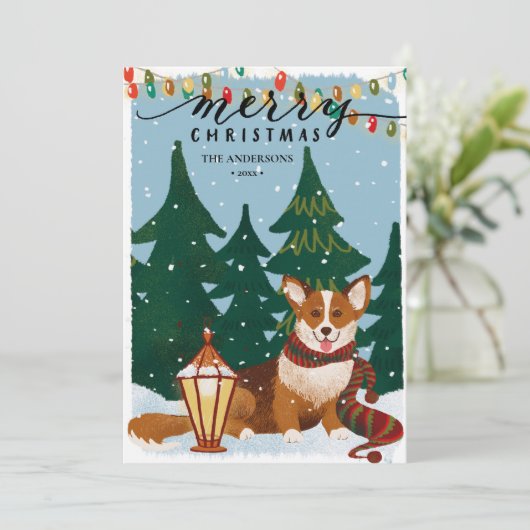Kute Brown CORGI kerstlampjes minimalistisch vuurt Feestdagenkaart (Staand voorkant)