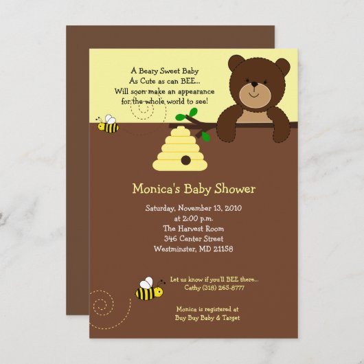 Kute bruin Beer en Baby shower honingbijen 4x6 Kaart (Voorkant / Achterkant)