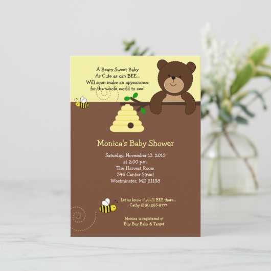 Kute bruin Beer en Baby shower honingbijen 4x6 Kaart (Staand voorkant)