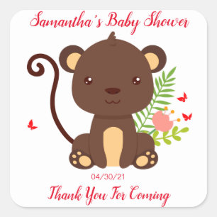 Kute bruine aap met roze bloemen Baby shower Vierkante Sticker
