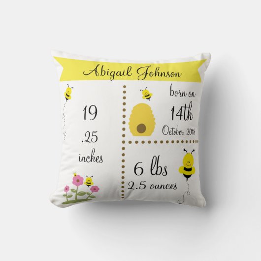 Kute Bumble Bee Baby Birth Announge Pillow Kussen (Voorkant)