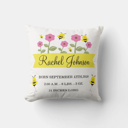 Kute Bumble Bee Baby Birth Announge Pillow Kussen (Voorkant)