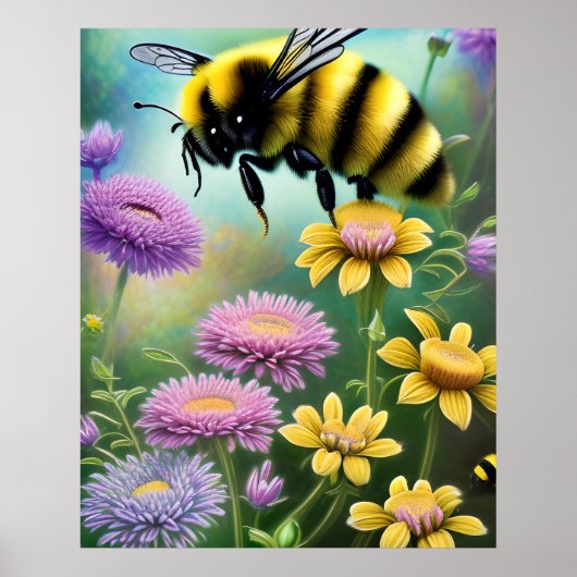 Kute Bumble Bee Floral Natuur Art Poster (Voorkant)