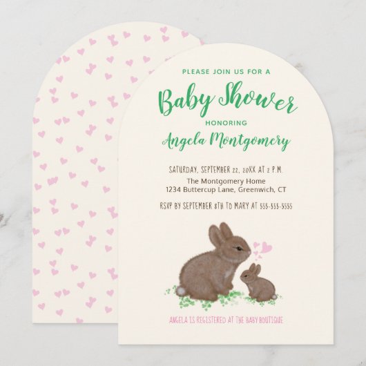 Kute Bunnies met Baby shower harten Kaart (Voorkant / Achterkant)