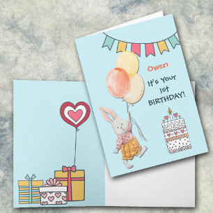 Kute Bunny and Balloons First Birthday Feestdagen Kaart