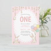 Kute Bunny Balloons Birthday Invitation Kaart (Staand voorkant)