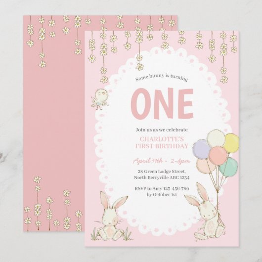 Kute Bunny Balloons Birthday Invitation Kaart (Voorkant / Achterkant)