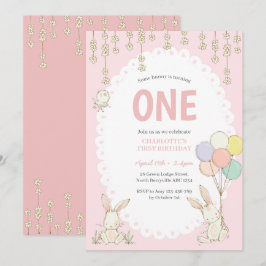 Kute Bunny Balloons Birthday Invitation Kaart
