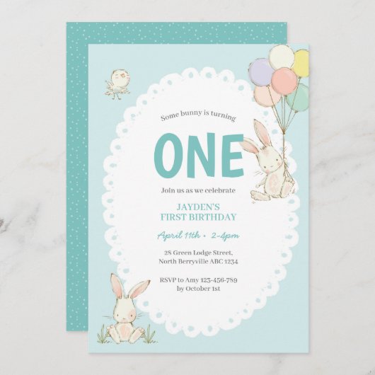 Kute Bunny Balloons Birthday Invitation Kaart (Voorkant / Achterkant)