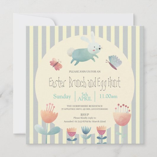 Kute Bunny blue & white striped Easter-eierjacht Kaart (Voorkant)