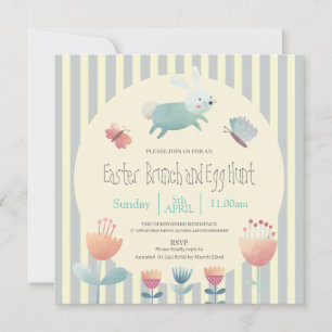 Kute Bunny blue & white striped Easter-eierjacht Kaart