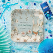 Kute Bunny Botanical Powder Blue First Birthday Papieren Bordje (Feest)