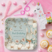 Kute Bunny Botanical Powder Blue First Birthday Papieren Bordje (Feest)