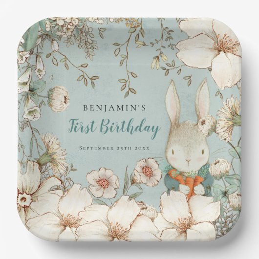 Kute Bunny Botanical Powder Blue First Birthday Papieren Bordje (Voorkant)