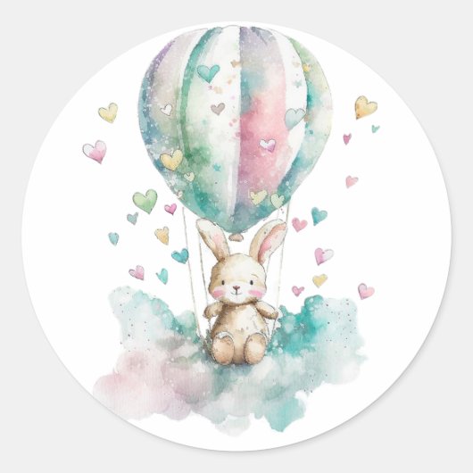 Kute bunny en ballon, waterverf, harten ronde sticker (Voorkant)