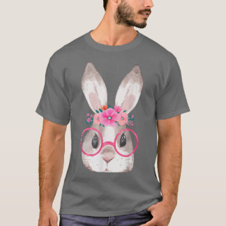 Kute Bunny Face Glasses and Floral Headband Happy T-shirt