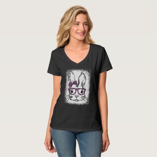 Kute Bunny Face Leopard Print Glasses paaspitkoepe T-shirt (Voorkant volledig)