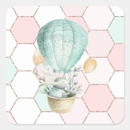 Kute Bunny in luchtballon | Hexagon Pattern Vierkante Sticker