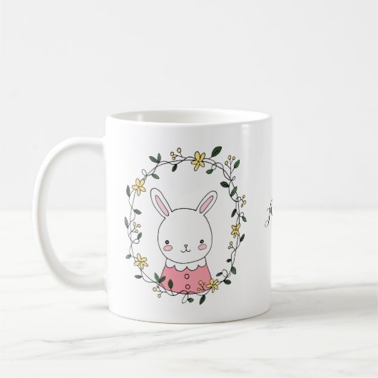 Kute Bunny Kawaii konijn met Flowers Custom Name Koffiemok (Links)