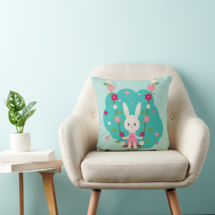 Kute Bunny op Zwing Flowers Red Blue Hearts Kussen