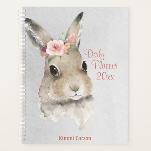 Kute Bunny Waterverf Floral Script Name Planner (Voorkant)