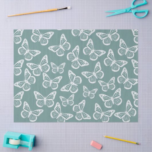 Kute Butterflies Elegant  Pattern Sage Green Tissuepapier (Craft)