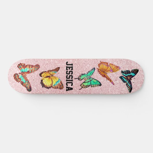 Kute Butterflies Glitter Roos Monogram Persoonlijk Skateboard (Horizontaal)