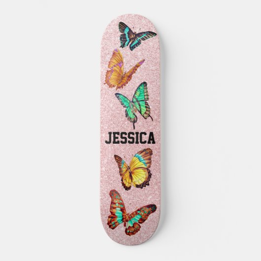 Kute Butterflies Glitter Roos Monogram Persoonlijk Skateboard (Voorkant)