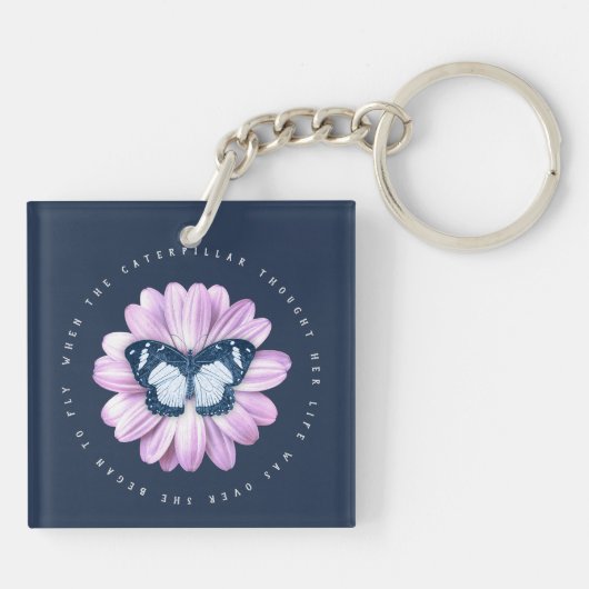 Kute Butterfly op roze Daisy Inspirerend Quote Sleutelhanger (Achterkant)