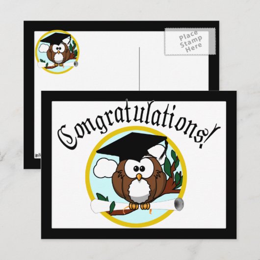 Kute Cartoon Afstuderen Owl with Pet & diploma Briefkaart (Voorkant / Achterkant)