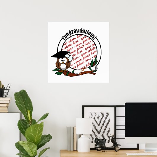Kute Cartoon Afstuderen Owl with Pet & diploma Poster (Thuiskantoor)